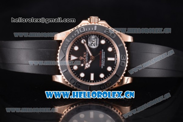 Rolex Yacht-Master 40 Miyota 8215 Automatic Rose Gold Case with Black Dial and Dot Markers Black Rubber Strap - Click Image to Close